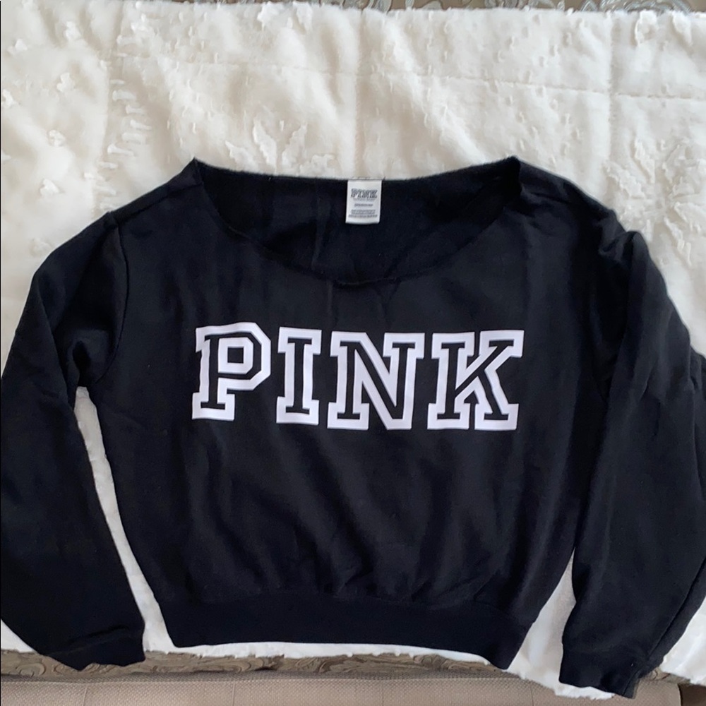 PINK Victoria's Secret Black Off The Shoulder Crop Top Lightweight Sweatshirt